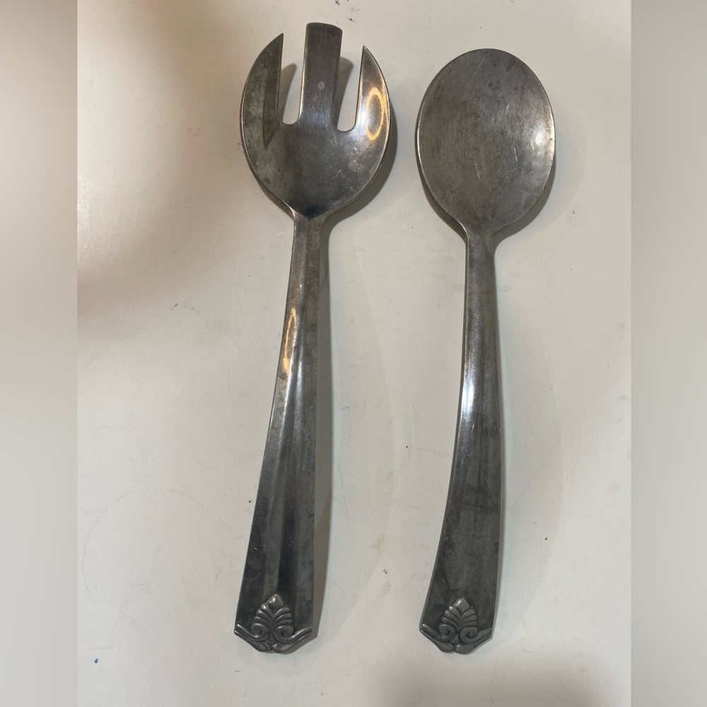 VTG Lenox Pewter/Cast Aluminum? Large Salad Spoon & Fork With Detailed Handles
